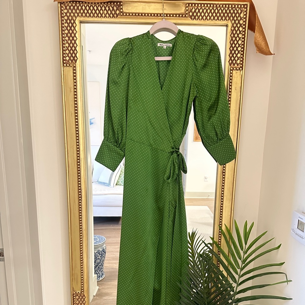 Reformation green silk wrap dress size M